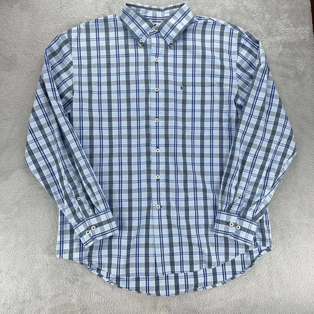 IZOD Plaid Button Down Shirt Long Sleeve Collared‎ Casual Blue Gray Size L